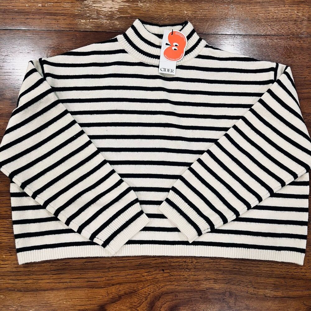 NWT Cider Black & White Striped Mock Neck Sweater Womens XL long Sleeve